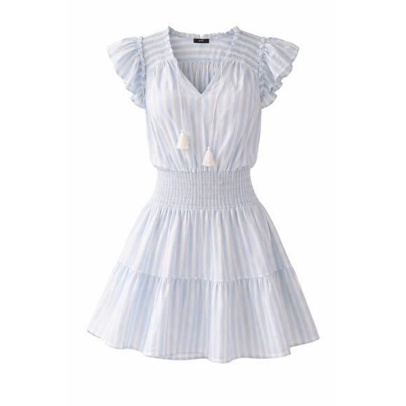 Paige Dresses & Skirts - Paige Blue White Stripe Mini Dress Smocked Waist Tassel Tie Boho Summer Size S